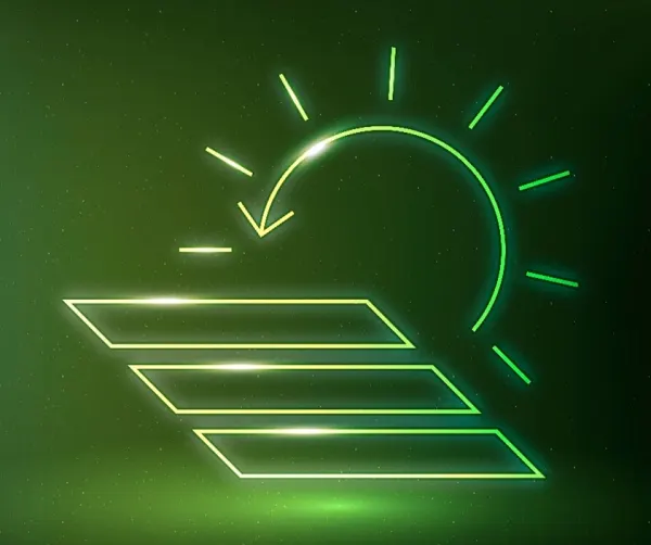 Digitales Logo in Neongrün, das eine abstrakte Sonne und drei parallele Linien darstellt, die an Sonnenkollektoren erinnern, auf dunkelgrünen Hintergrund. Soll Energieeffizienz oder Energy Efficiency darstellen.