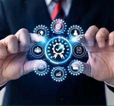 Mann mit Anzug hält eine digitale Darstellung eines Zertifikats- oder Qualitätszeichens, umgeben von weiteren Icons für funktionale Sicherheit oder Functional Safety