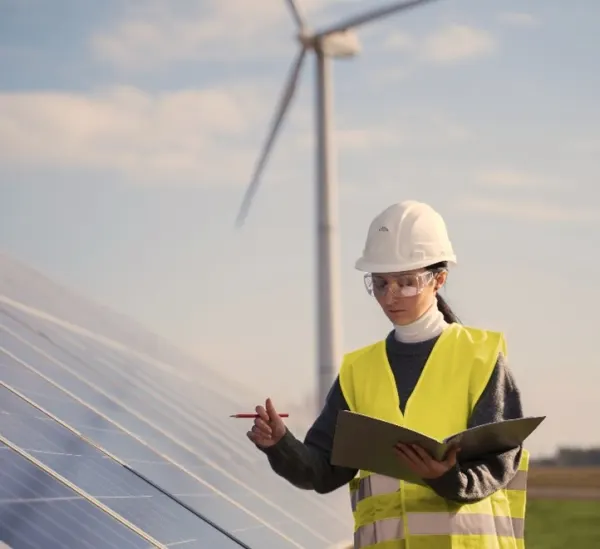 Frau mit Warnweste im Vordergrund mit einem Heft und Stift. Im Hintergrund sind Solarpanelle und ein Windrad. Dies zeigt die Kontrolle für ISO 50001