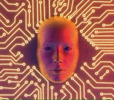 Abstract image showing a face in the middle of a circuit pattern, lit in blue, red and yellow tones, representing artificial intelligence