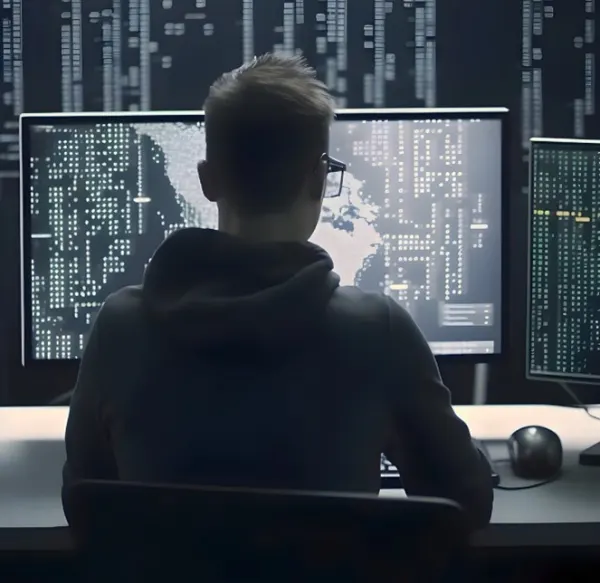 Person sitzt vor mehreren Bildschirmen mit Code, als Sinnbild für Penetration Tests.